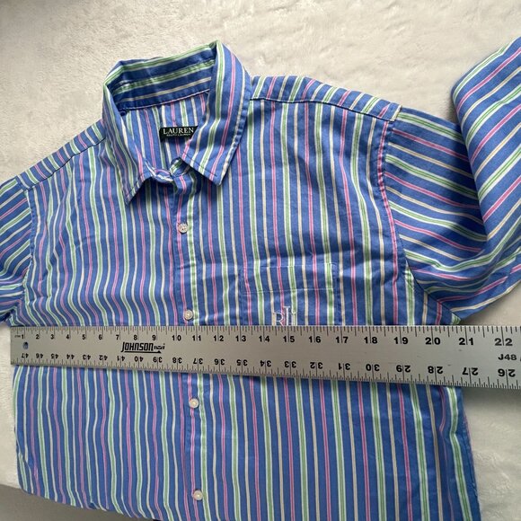 Lauren Ralph Lauren Womens Striped Button-Down Shirt Medium Blue 3/4 Sleeve - Picture 6 of 7